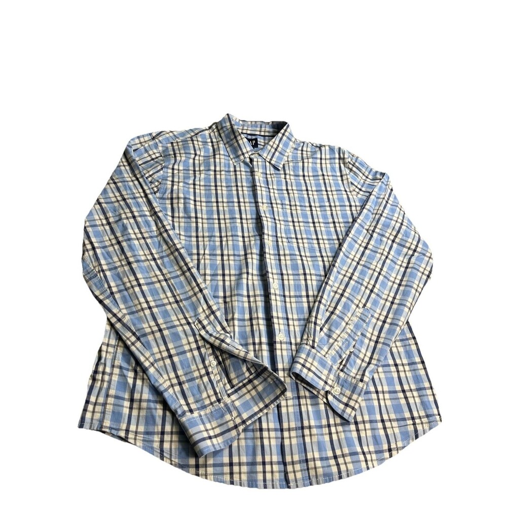 Gap Mens Large Plaid Button Down Shirt Blue White Long Sleeve Casual Cotton